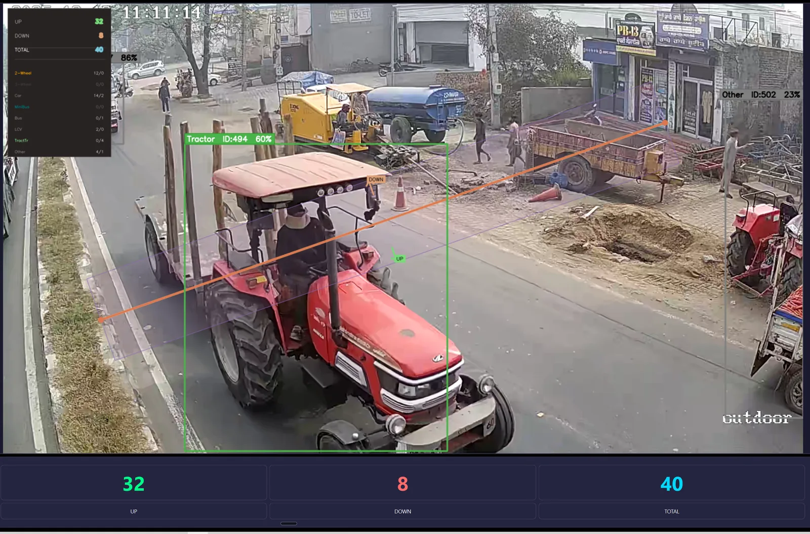 NKMPV ATCC video-AI software classifying a tractor with trailer on Indian highway — IRC SP 19 class 14 (Tractor with one trailer) detection at 60% confidence, after 32 up / 8 down vehicle count milestone.