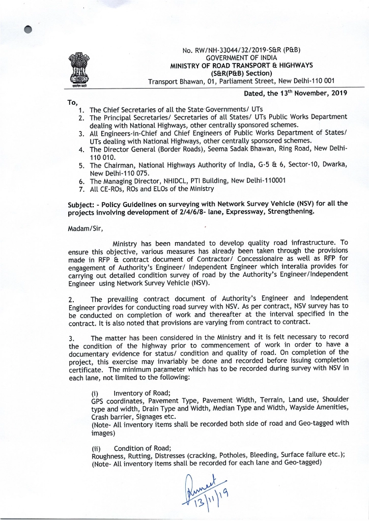 NSV Survey in India: Network Survey Vehicle Testing for Highways and Airports 10 MoRTH policy guidelines on Network Survey Vehicle NSV survey issued in November 2019