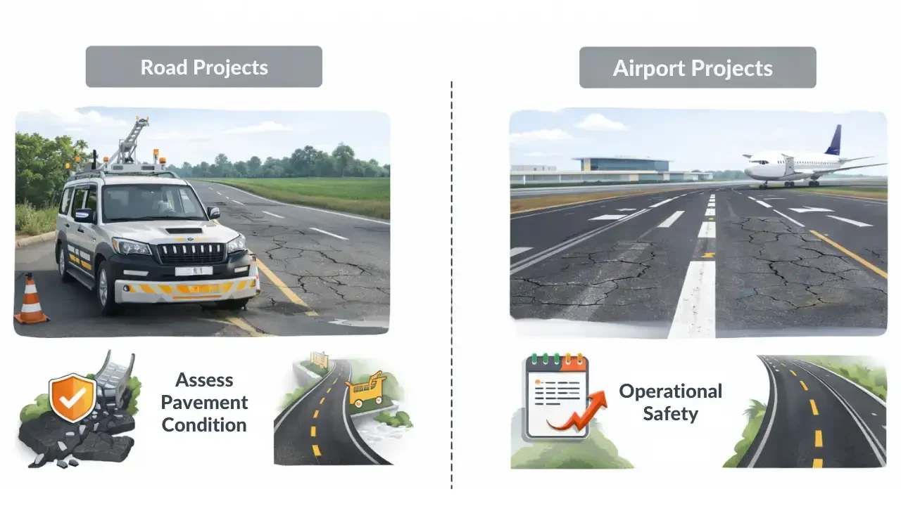 Purpose of NSV test in road and airport projects for pavement condition assessment and performance monitoring